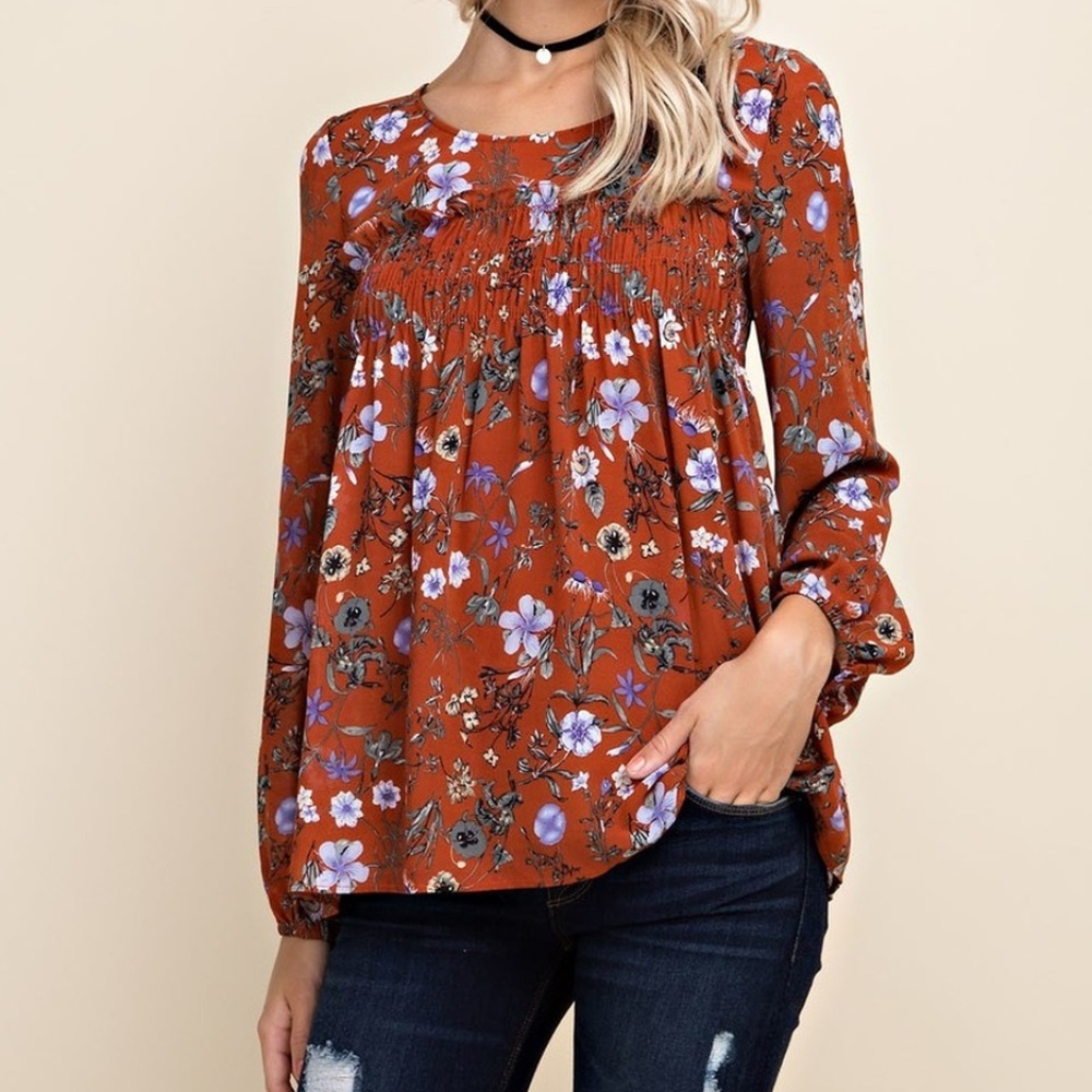 Long Sleeve Floral Print Smocked Top
